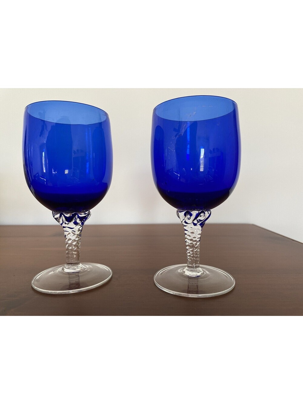 Vintage Blue Cobalt Hand Blown Wine Glass Colony Blue Pirouette 5.25"H 2.5"D